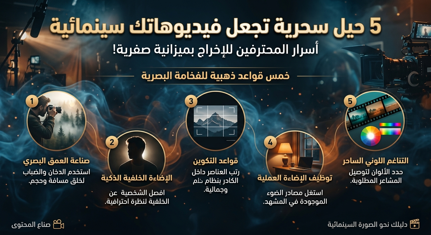 تصميم يوضح حيل صناعة فيديوهات سينمائية احترافية